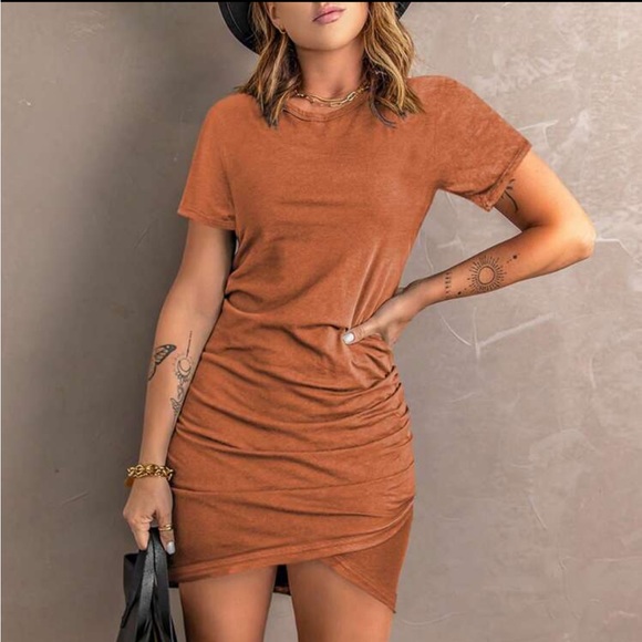 Boho Solid Ruched Hem Bodycon Dress - Picture 3 of 5